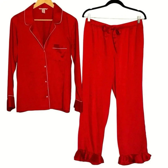 Victoria’s Secret Sz M Red Satin Pajama Set Red Holiday Ruffled Hem Pants - Picture 1 of 7
